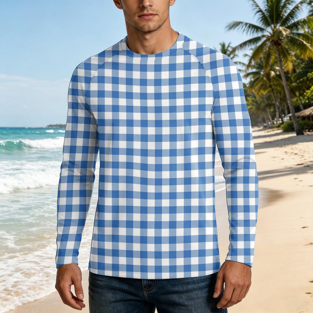 Men Long Sleeve UPF 50 Plus Sun Protection Shirt Outdoor Sports Fishing Casual Top Lightweight Breathable Quick Dry Crewneck Plaid Design