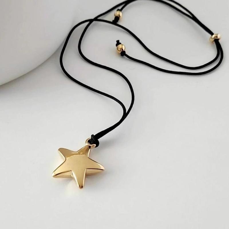Star Pendant Collar Necklace Adjustable Black Rope Choker Necklace Jewelry