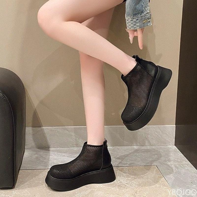 Waterproof Platform Anti-slip Wear-resistant Short Boots Summer New Round Head Mesh Cloth Breathable Rear Zipper Women Shoes
