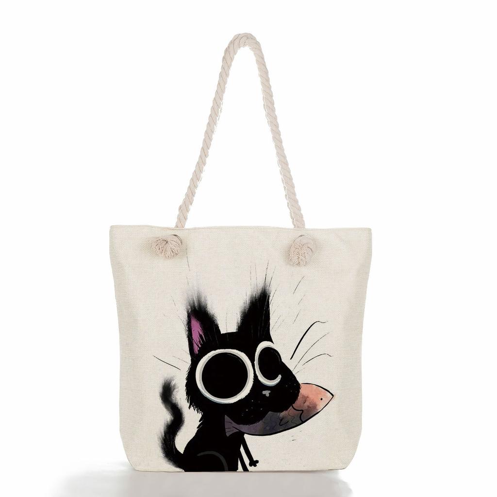 Black Cat Print Thick Rope Single-shoulder Beach Bag 7212