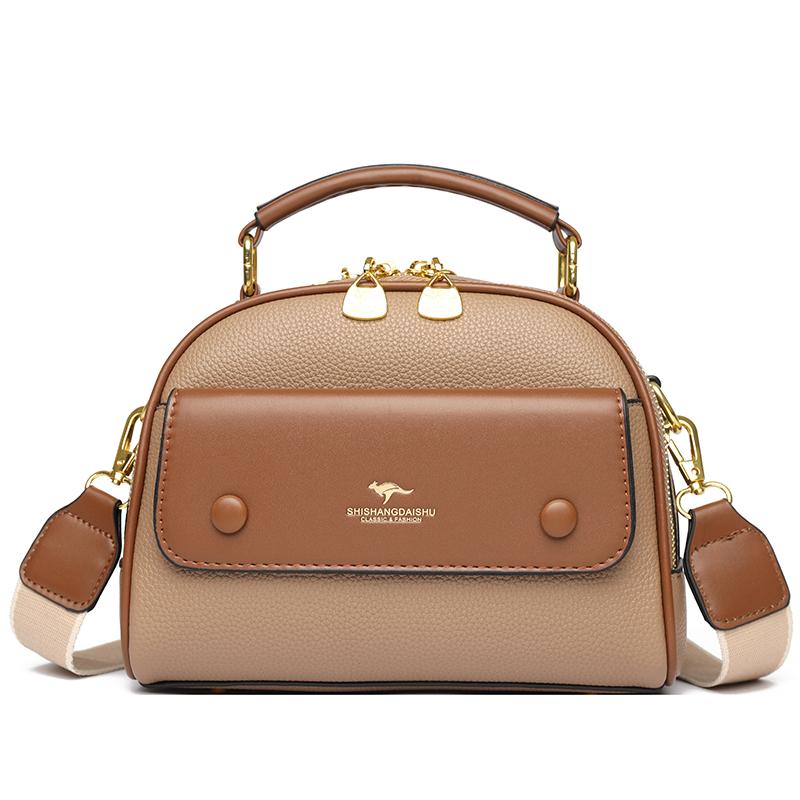 Women's PU leather top handle crossbody bag with multiple pockets, stylish contrasting color matching, and simple shoulder bag