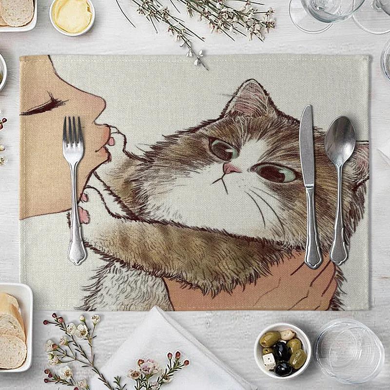 40x30cm Linen Cat Print Table Mat Cute Cat Cartoon Animal Pattern Placemats For Children Kids Kitchen Dining Place Mats Pads