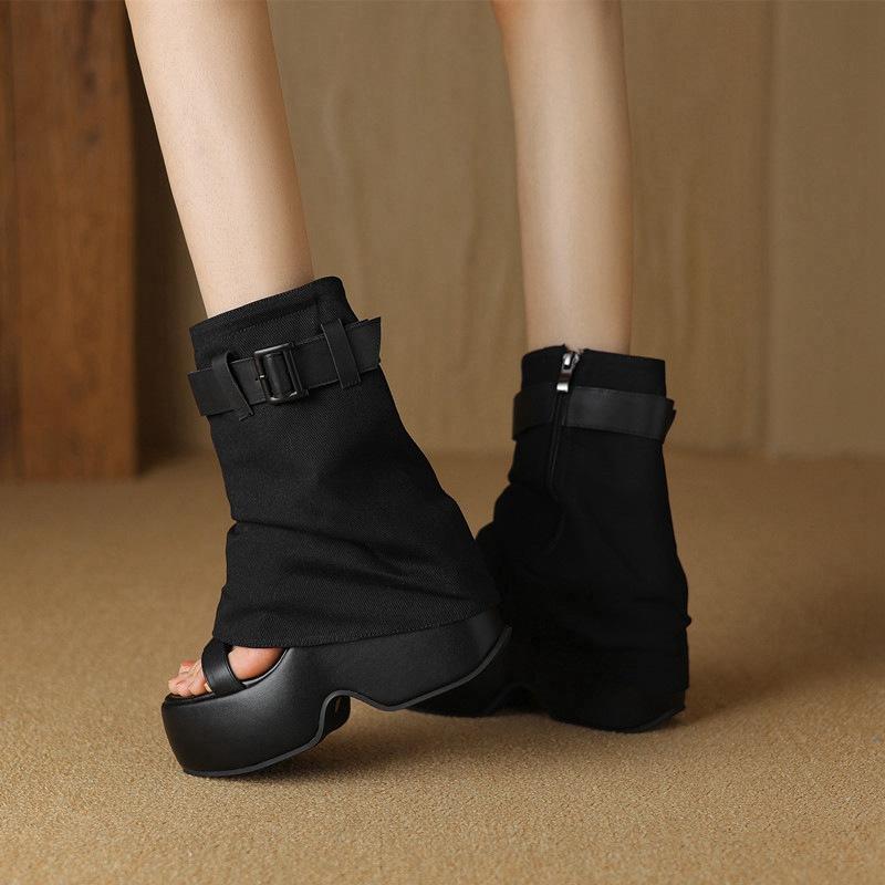 Pants Boots Women's Summer New Short Boots 12cm Height Increase Small Thick-soled Slope High-heeled Muffin Leather Roman Sandals