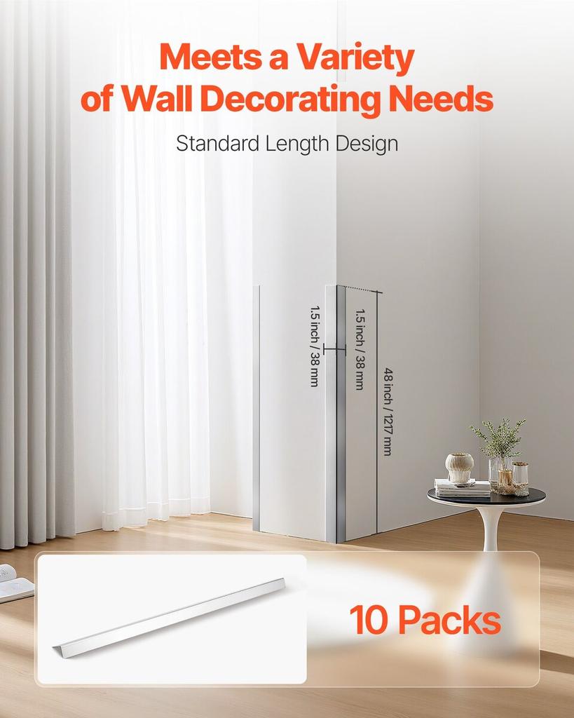 Stainless Steel Wall Corner Protector, 38 x 38 x 1217 mm, 10 Pack Metal Corner Guards, 304 Stainless Steel Edge Trim 90-Degree Angle for