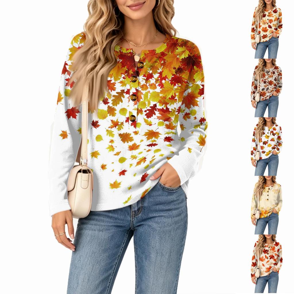 Women's Fashion Vintage Print Knit Long Sleeve Top with Button-Down Collar