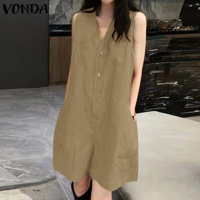 Summer Women V-Neck Sleeveless Pocket Casual Mini Jumpsuits Overalls
