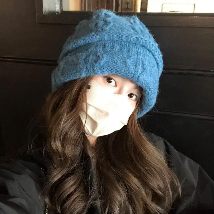 Korean Hand Knitted Pullover Hat for Autumn and Winter New Thickened Woolen Hat for Women Showing Face Small Ear Protection  Warm Pile Hat