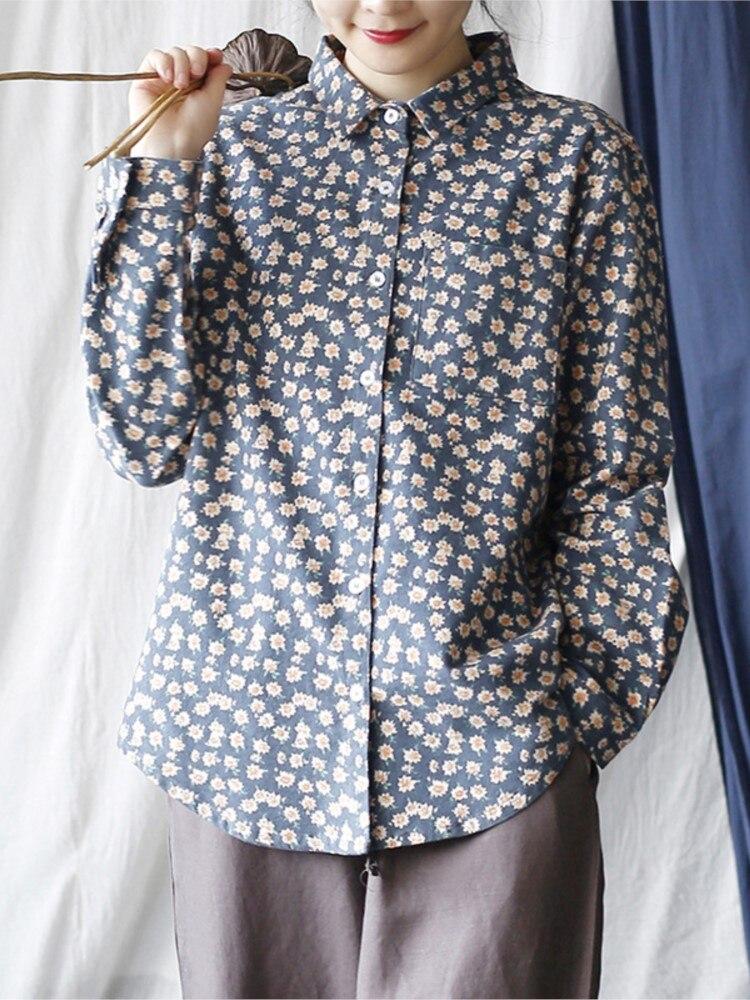 

Johnature женские винтажные рубашки с цветочным принтом, топы на пуговицах, милые осенние женские блузки с длинными рукавами