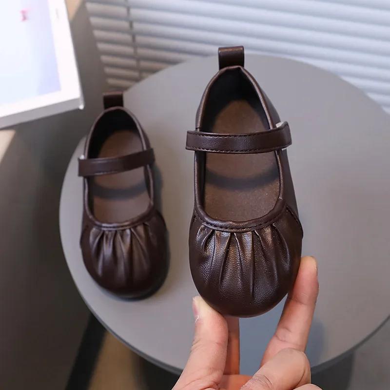 Girls Soft Sweet Princess Dance Shoes for Party Wedding Children's Fashion Pleated Leather Shoes Kids New Chic Solid Color Flats