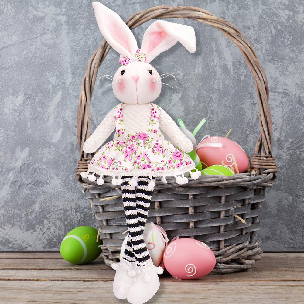 Plush Doll Cute Long-Leg Sitting Stripe Rabbit Toy Adorable Floral Dress Design With Pom-Poms Easter Home Decor