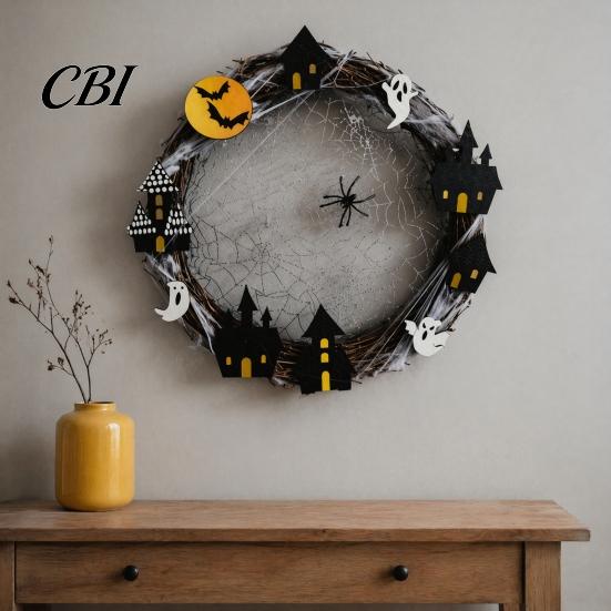 Fireplace Mantel Decoration Halloween Spider Web Wreath, Spooky Vine Branch Wreath with Ghost Castle Door Hanger Bat for Front Door, Farmhouse,