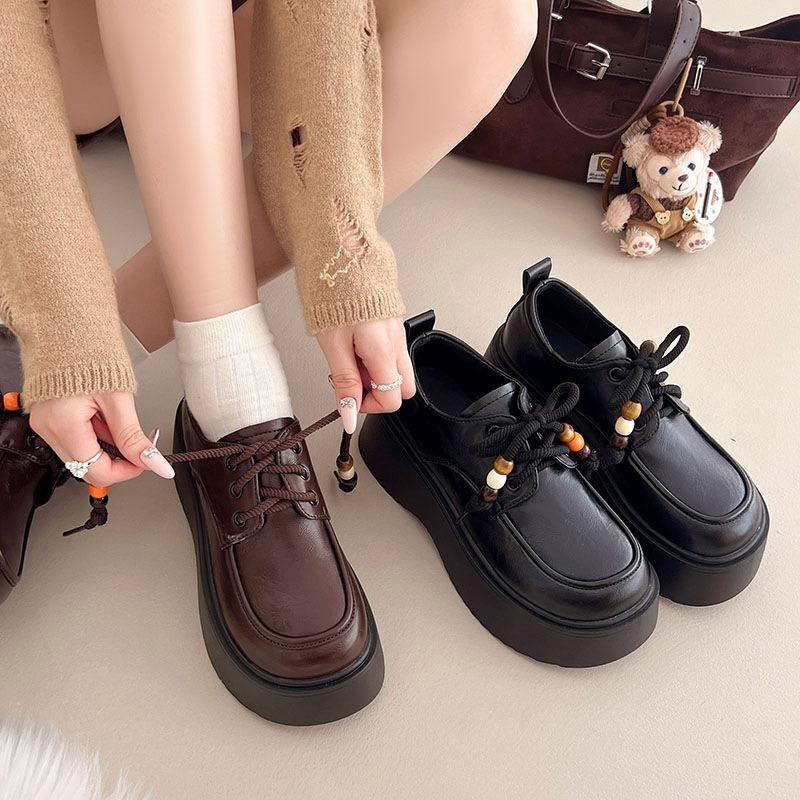 Black height-increasing small leather shoes women's new autumn versatile retro platform lace-up single shoes
