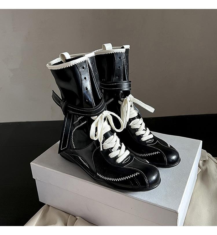 Cowhide Version~ Flat Bottom Inner Height Increase Martin Boots Women's 2025 New Boxing Boots Matte Leather Lace-up Short Boots German Training Boots