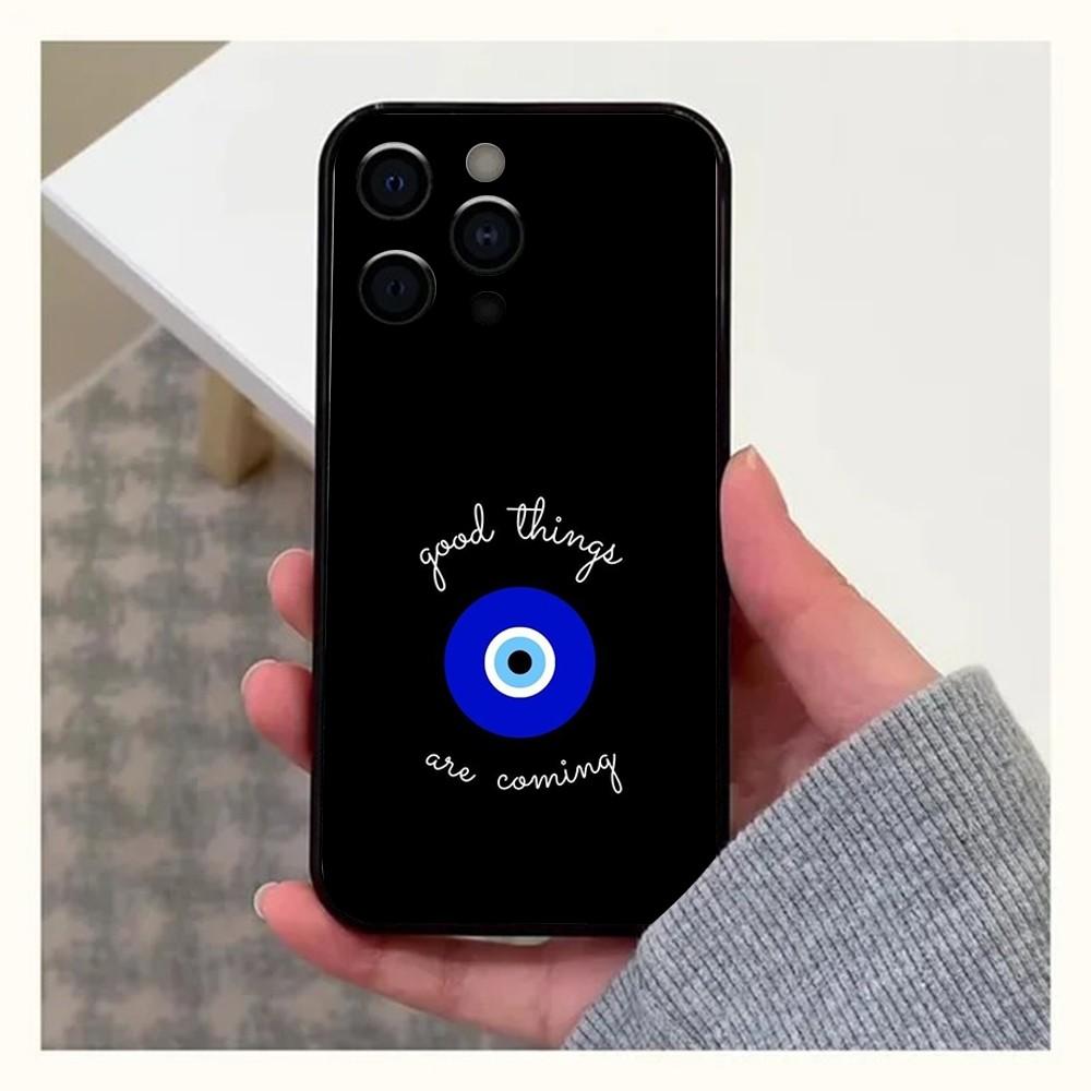 Custodia per Telefono Occhio Malvagio Blu Fortunato Per Apple iPhone 15,14,13,12,11,Pro,X,XS,Max,XR,Plus,Mini Cover Nera Morbida