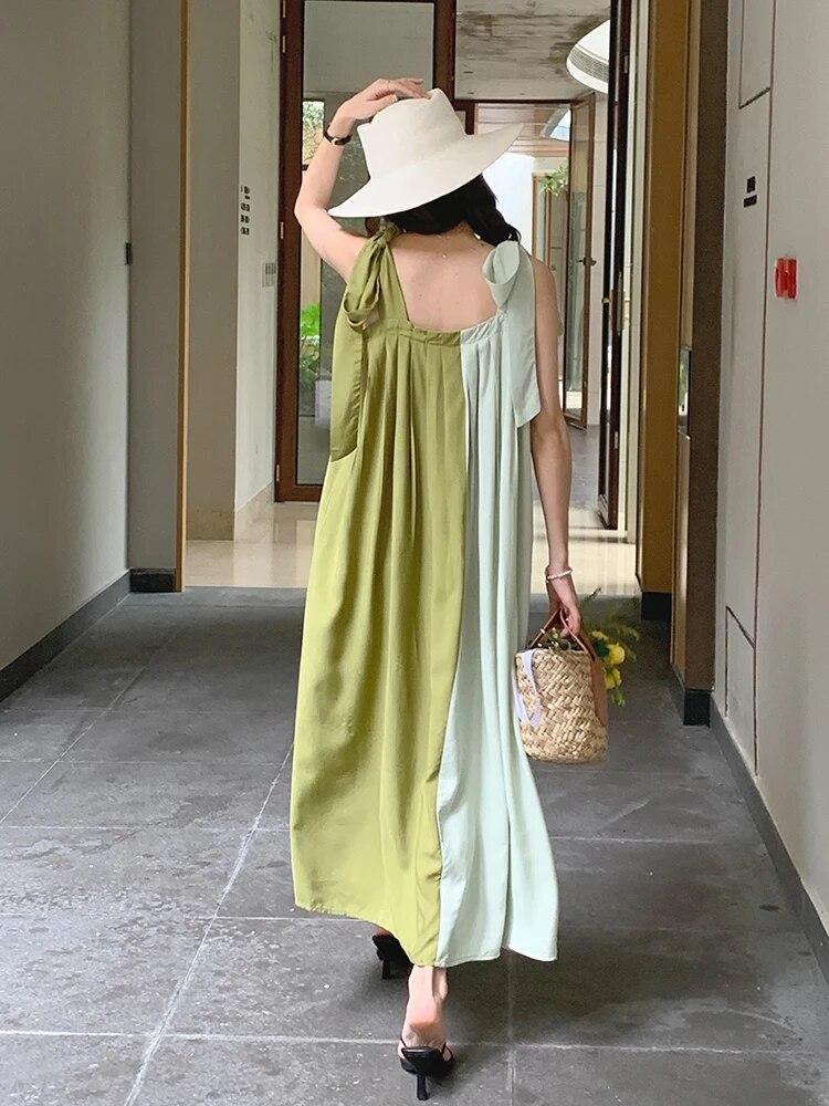 Xitao Bandage Bow Square Collar Pullover Dress Spaghetti Strap Loose Ankle-length Show Thin Casual LYD1247