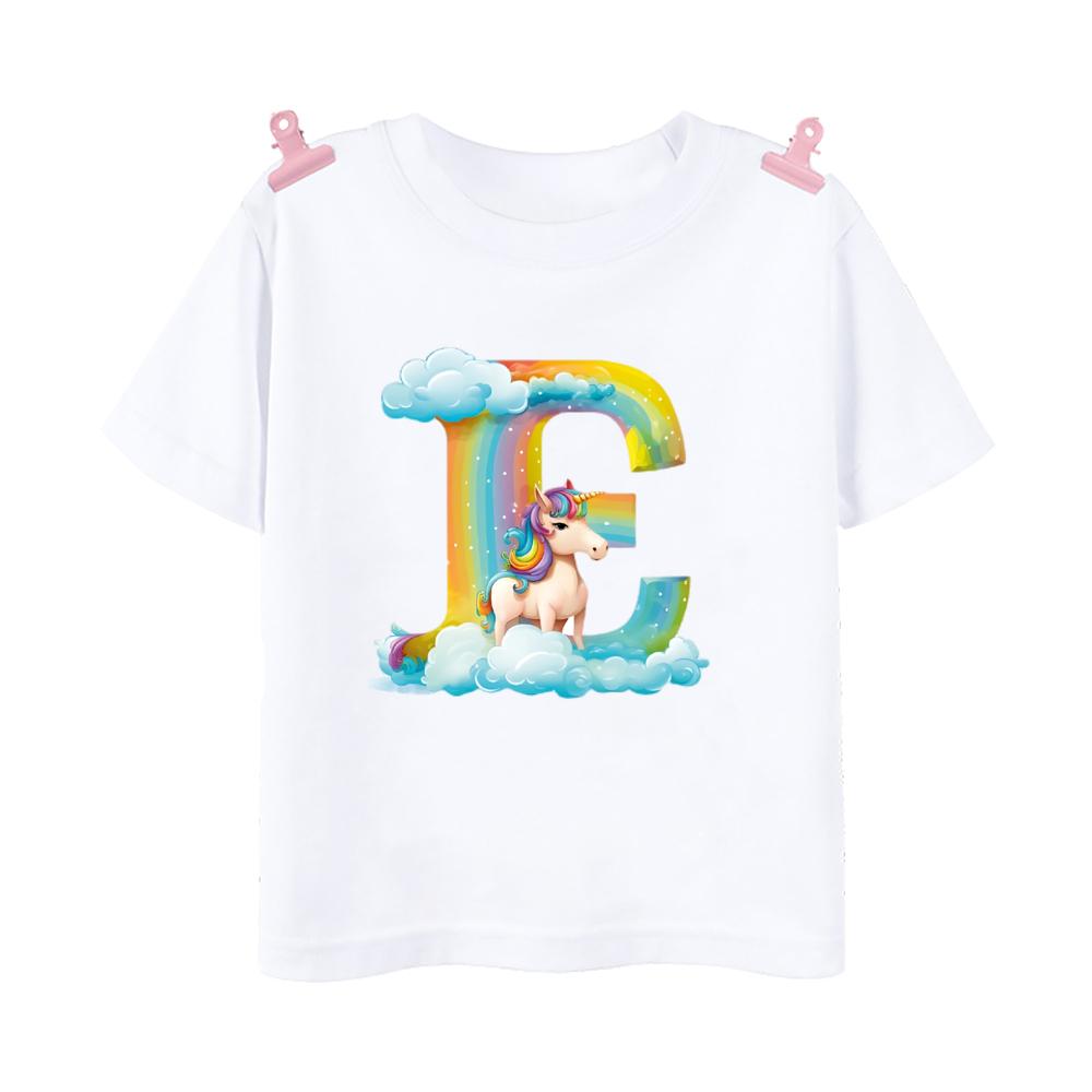 Unicorn Rainbow Initial A-Z Printed Kids Shirt Child Summer T-shirt Boys Girls Short Sleeve Tops Clothes Cute Toddles Outfit Tee