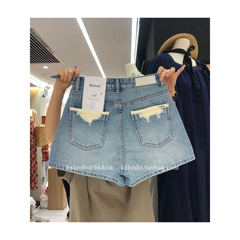 

Кабодо Хаки Европейские товары Шорты джинсовые с высокой талией и дырками Blue S