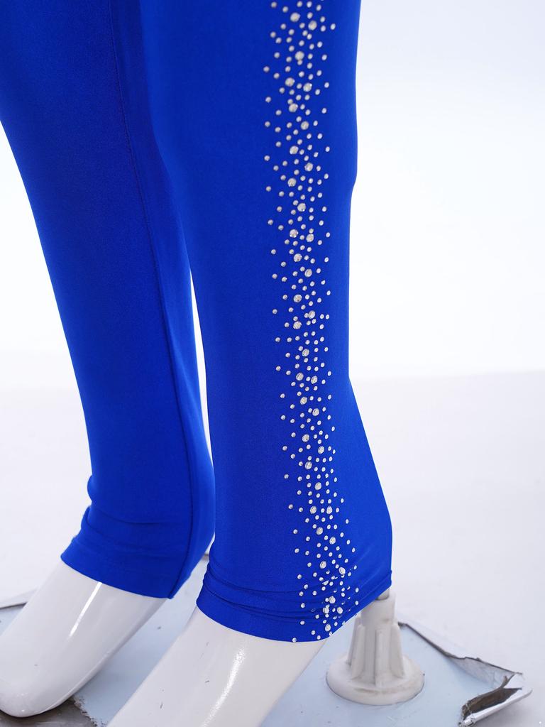 Mädchen Ganzkörper-Trikot Durchsichtiges Netz Patchwork Cutout Asymmetrisches Design Stehkragen Funkelnde Strasssteine Gymnastik Tanz Kostüm