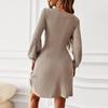 Frauen Herbst Winter V-ausschnitt Puff Ärmel Einfarbig EINE Linie Warme Hohe Taille Kleid S-XL