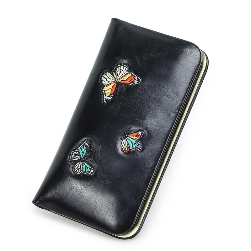 First Layer Cowhide Metal Hinge Women s Wallet Casual Embroidery Long RFID Anti-theft Brush Genuine Leather 20x2x11 чёрный