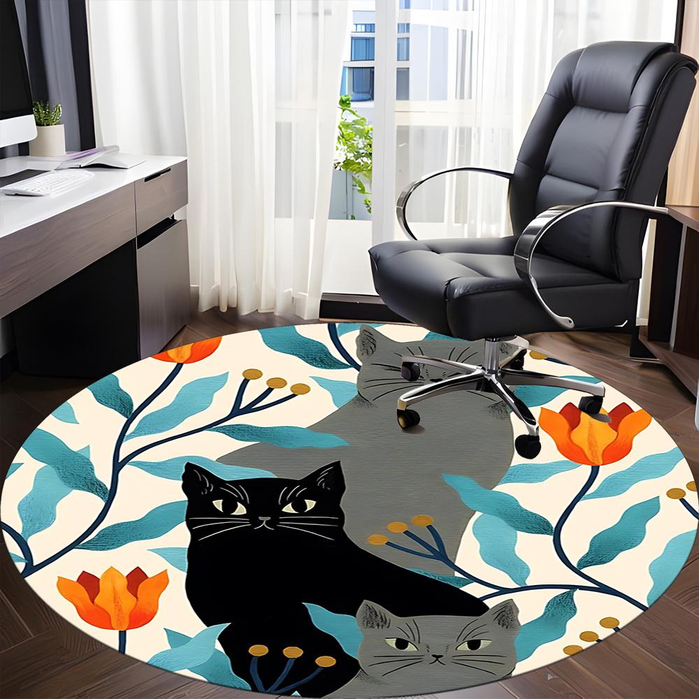 1pc Cat Floral Office Round Area Rug,  Mat Suitable For Office, Under Office Chairs Bedroom Living Room Home Decor, Room Deco