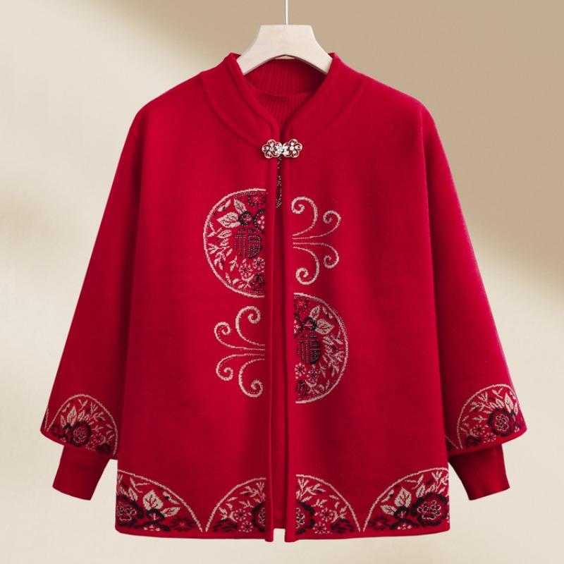 Middle-aged Elderly Spring and Autumn Coat Female Mother Two-piece Top Festive Grandma Short Casual Knitted Sweater Small Man
