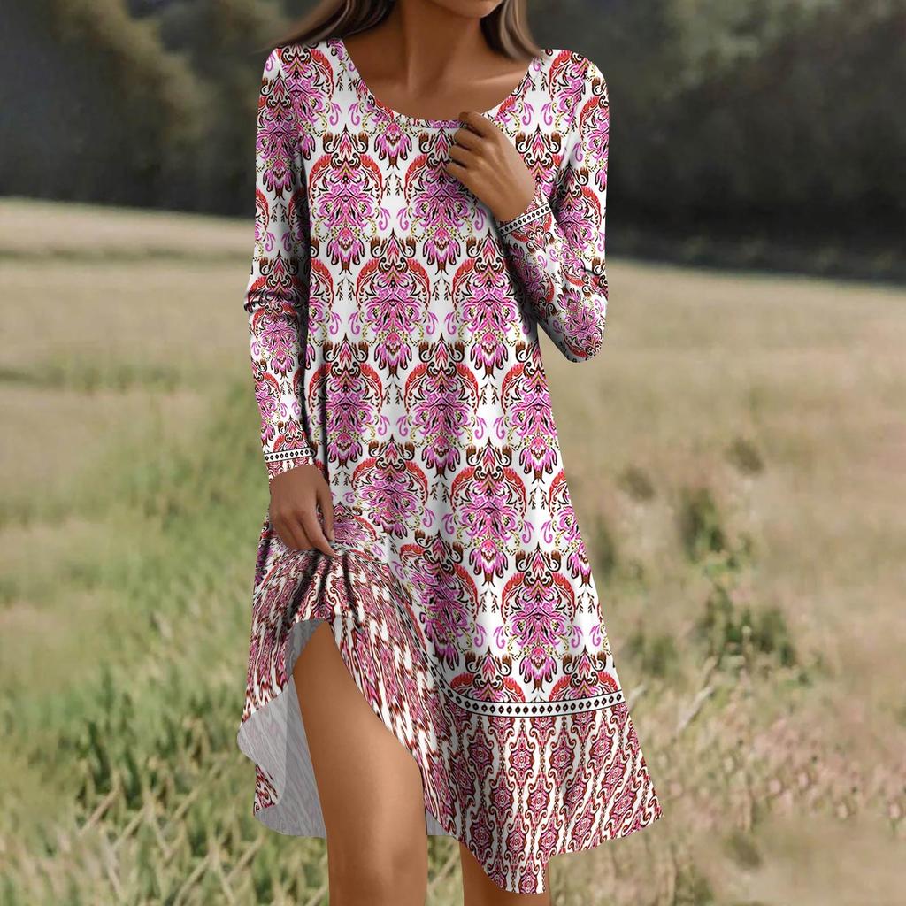 Long  Sleeve Dress For Women Casual Loose Fit Print Dress With Pockets