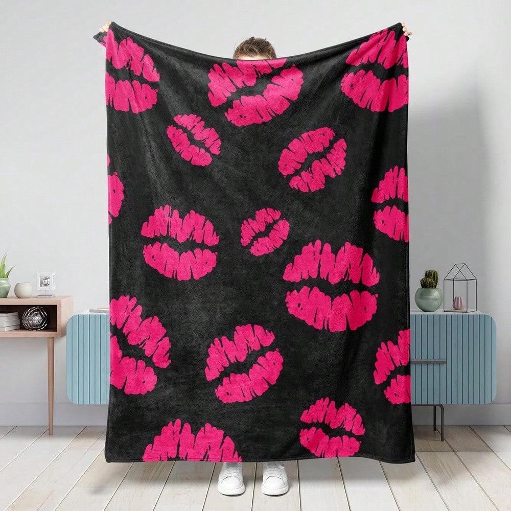 

Bright pink lip kiss design Flannel printed blanket suitable for all seasons suitable for living room office sofa and travel 75x90cm