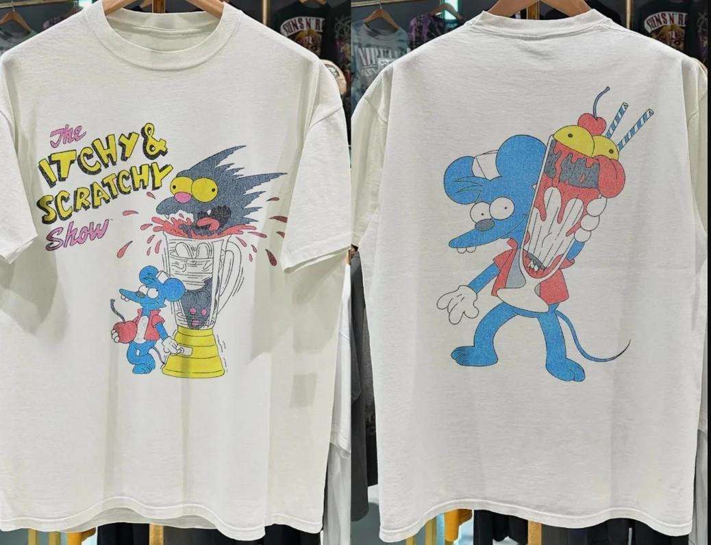 VINTAGE 1994 ITCHY & SCRATCHY THE MEAT GRINDER WHITE T-SHIRT-Shirt shirt L