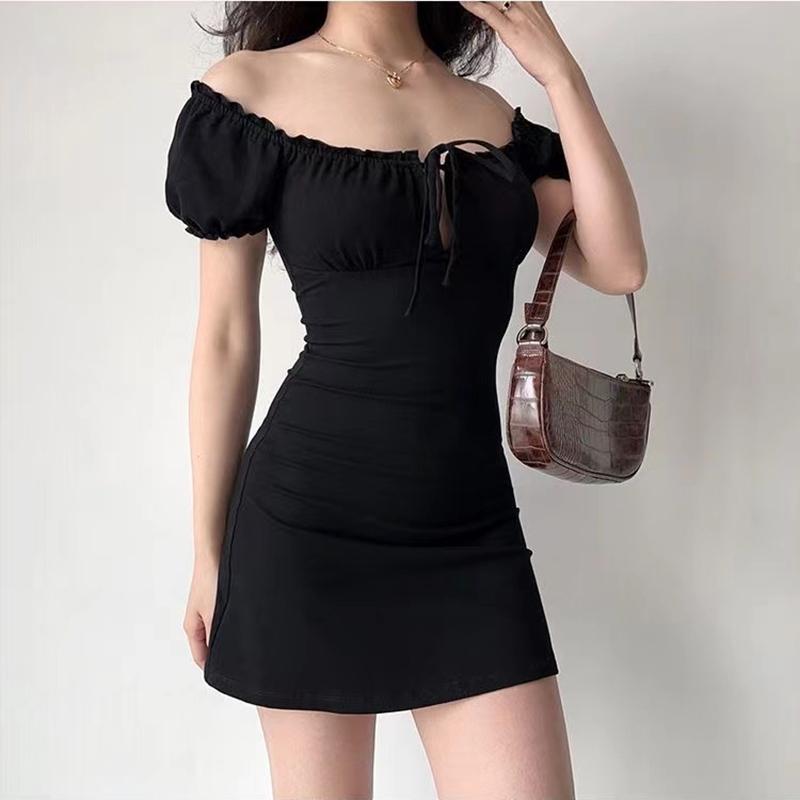 Summer Sexy Mini Dress Women Short Sleeved Lace Up Hollow Casual Backless Folds Bodycon Black Dress Party Elegant A-LINE Dresses