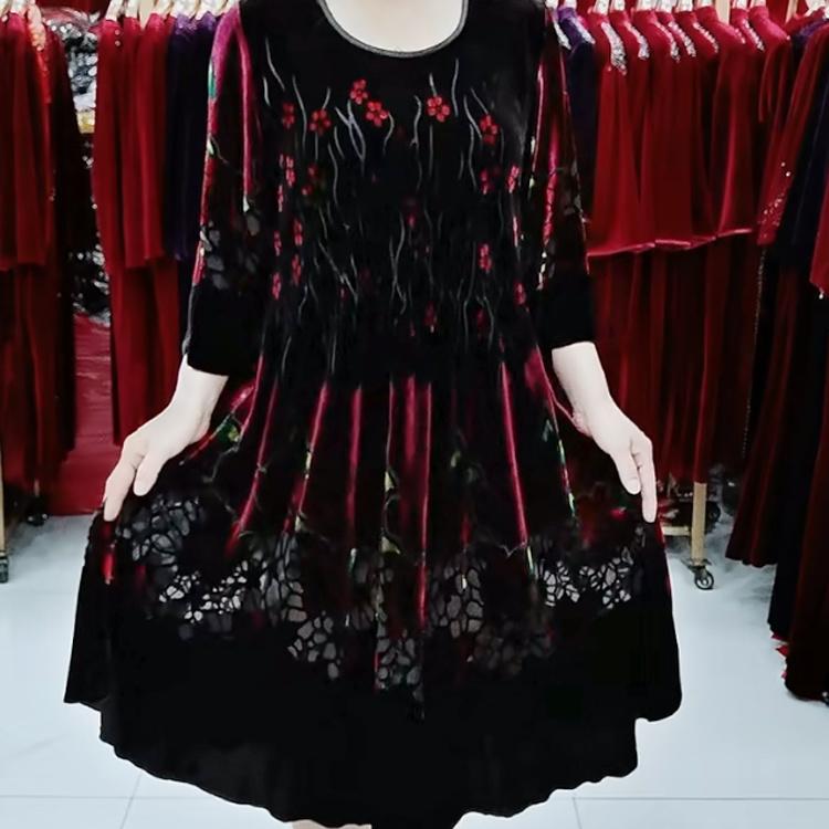 100% Silk Dress for Women Loose Jacquard A-Line Flocked Dress Vintage Soft Skin-Friendly Printed Velvet Dress Spring and Summer