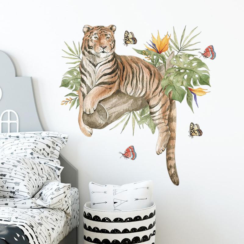 Wall Decals Wall Sticker Watercolor Cartoon Animals Tiger Tropical Green Plant Butterfly Wallpaper