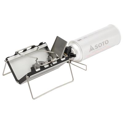 SOTO G-Stove ST-320, um fogão de queimador único fabricado no Japão com um ultra-fino (2,5 cm) espessura e estojo de armazenamento, perfeito para camping solo e touring.