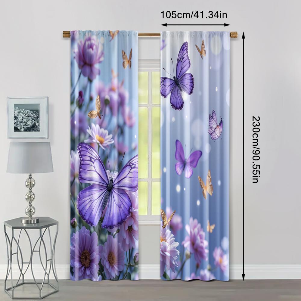 2pc,  Window Curtains butterfly pattern Versatile Polyester,Without Electricity Versatile Use for College dormitory decoration