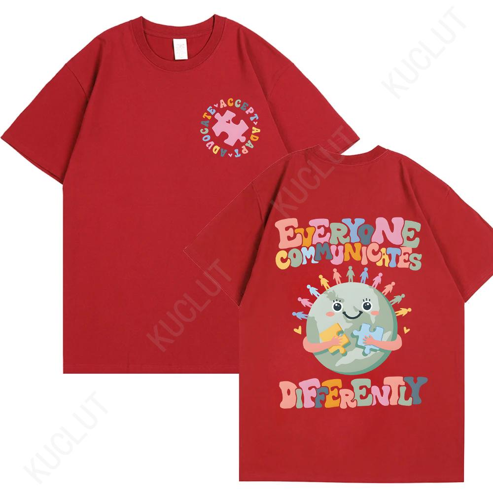

Everyone Communicates Differently Shirt Autism T-shirts Teacher Gift Tops Autism Awareness Teacher Tshirts Autism Month Tee Tops 4XL