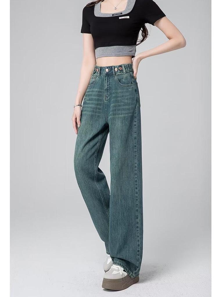 Women's High-Waisted Wide-Leg Light Jeans - Spring/Autumn 2024, Loose, Slimming, Straight, Floor-Length.