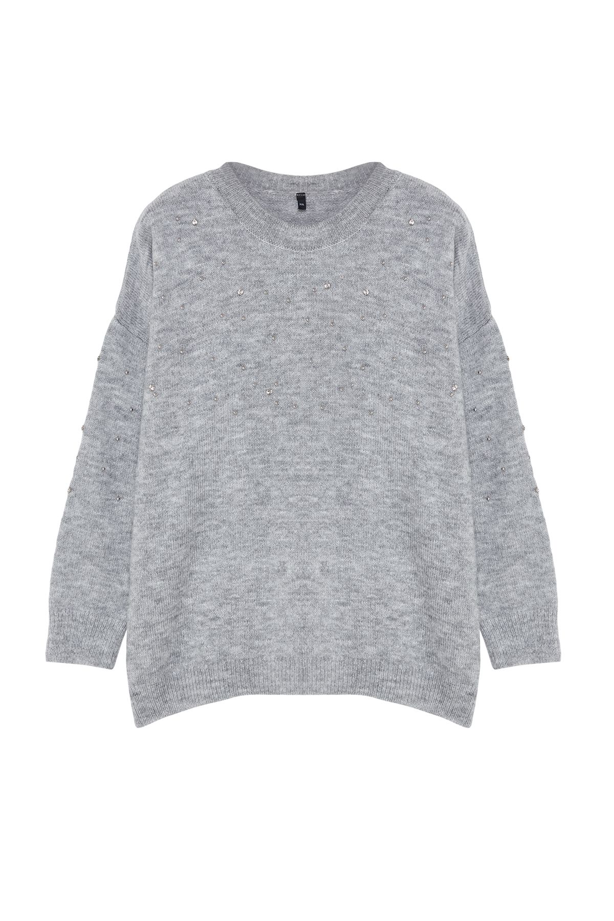 

Women s Style Plus Size Gray Crew Neck Stone Knitwear Sweater 2XL