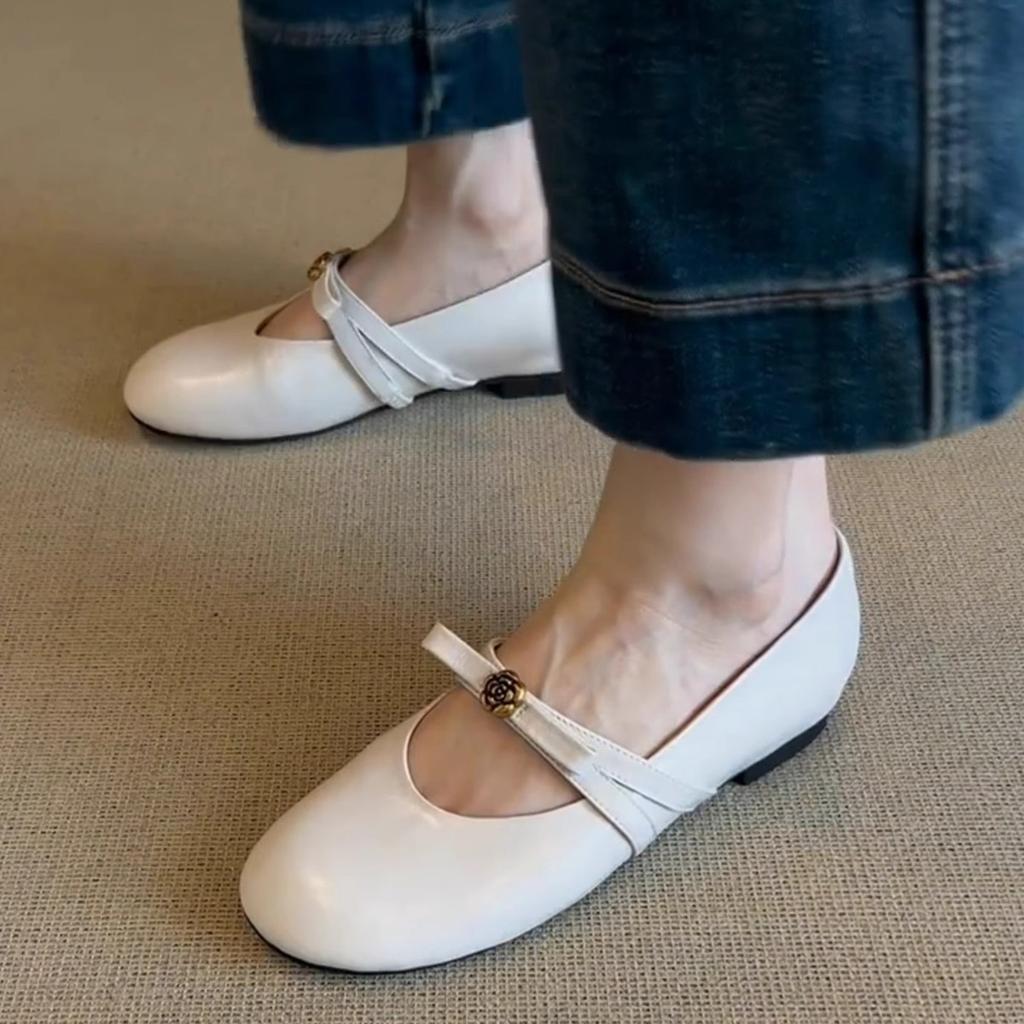 Sheepskin~ French Flat-soled Single Shoes Women's Camellia Bow with Gentle Evening Breeze Round Head Mary Jane Shoes