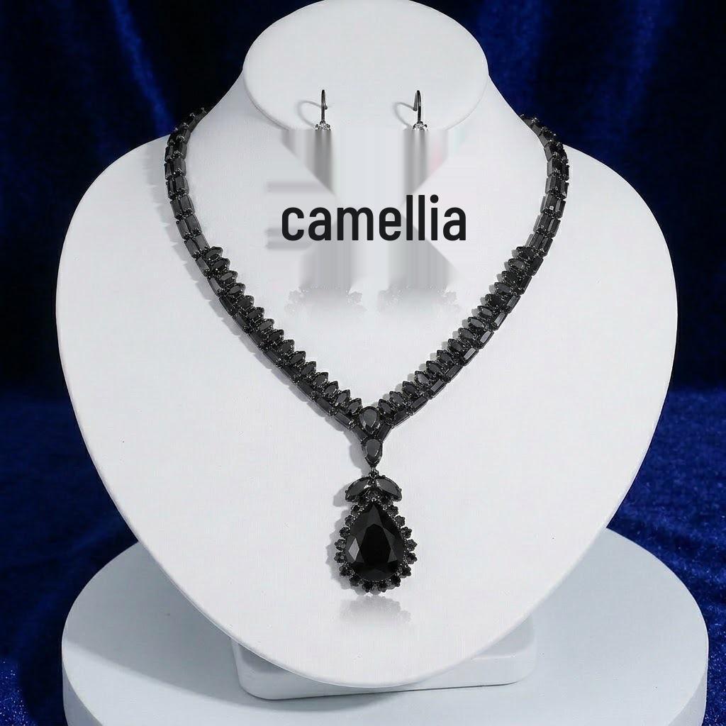 European & American Style Zircon Black Tulip Necklace and Earrings Set