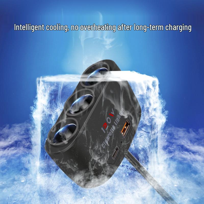 Universal Multifunctional Car Charger: One-to-Three Cigarette Lighter with USB & PD Ports, 12V/24V Adapter.