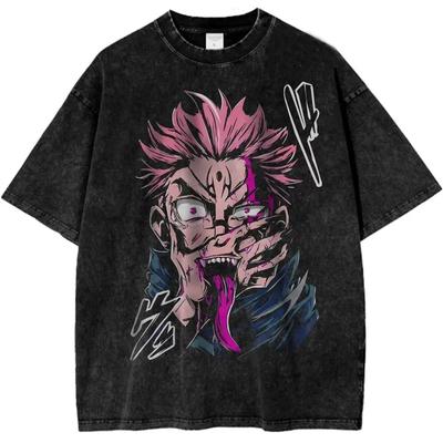Oversized Acid-Wash Short-Sleeve T-Shirt Featuring Jujutsu Kaisen Ryomen Sukuna Graphic Print, With Bold Anime Art & Japanese Sound Effects