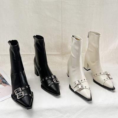 Mode Designer Winter Damen Stiefeletten Metalldekoration Spitze Zehenpartie Kurze Stiefeletten Stripper Quadratische Absätze Schuhe