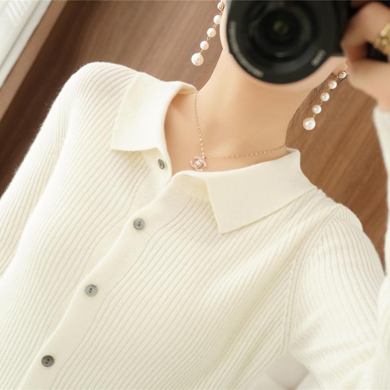 

Новая рубашка Женский кардиган с длинным рукавом Вязаная куртка Приталенный Большой размер Свитер с вырезом поло Однотонный топ на пуговицах S