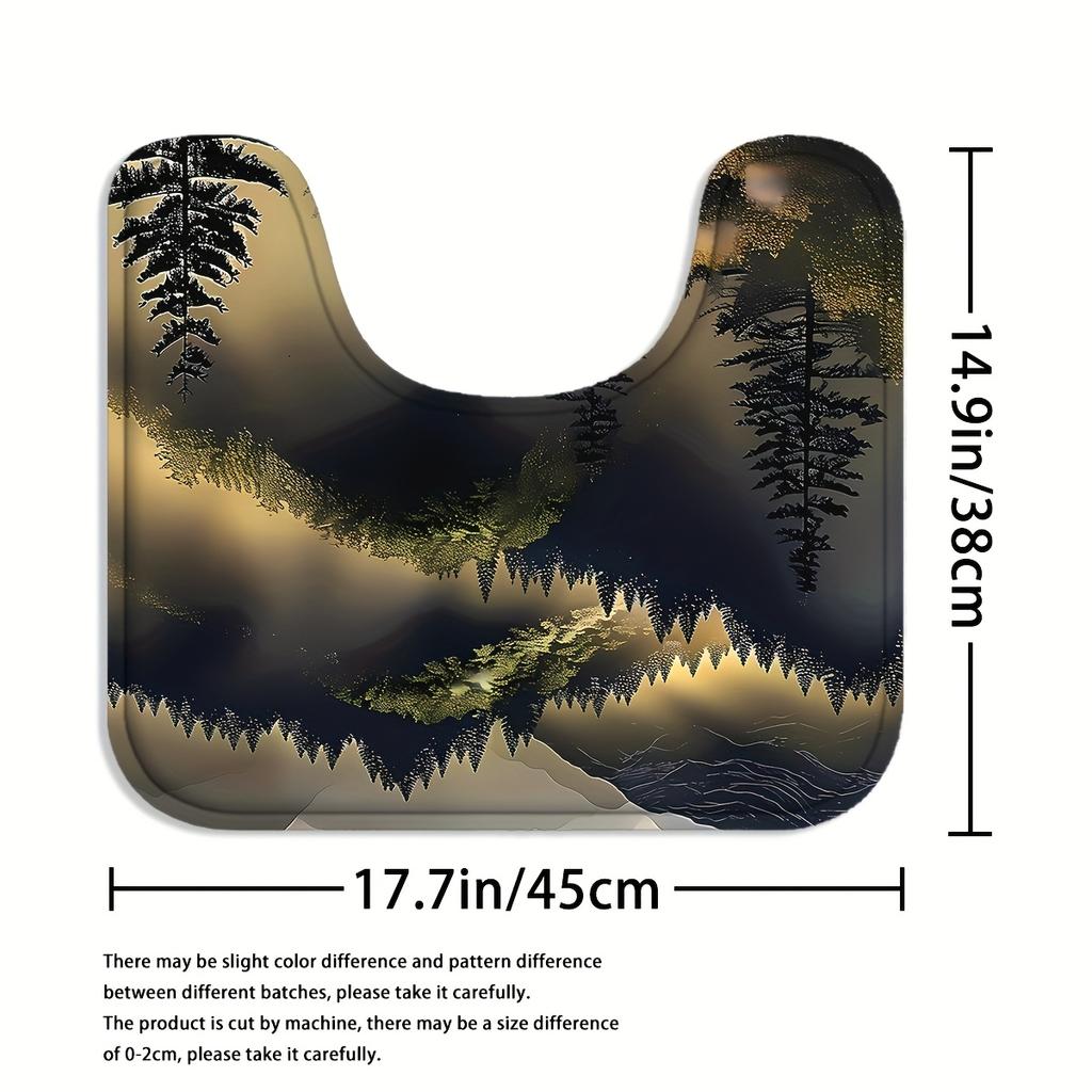 4-teiliges Duschvorhang-Set „Berg im Nebel“ mit rutschfester Badematte, Toilettendeckelbezug, Kontur-Teppich & 12 Haken, Badezimmer-Dekoration
