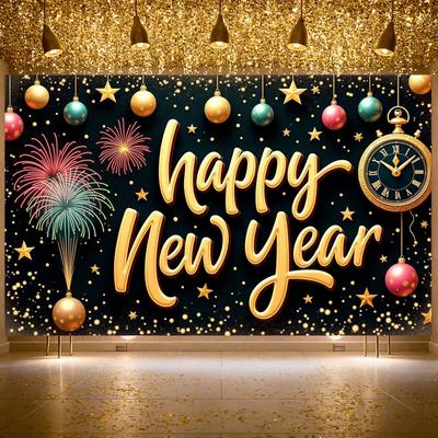 Happy New Year Banner Firework Design New Year Banner New Year's Eve Banner Colorful Ornament For Party Backdrop