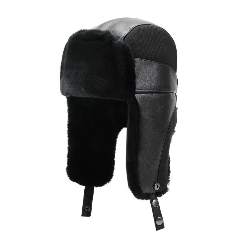 Winter PU Hat Bomber Hat Men's Outdoor Windproof Cold-Proof Ski Hat Thick Fleece Warm Cotton Hat