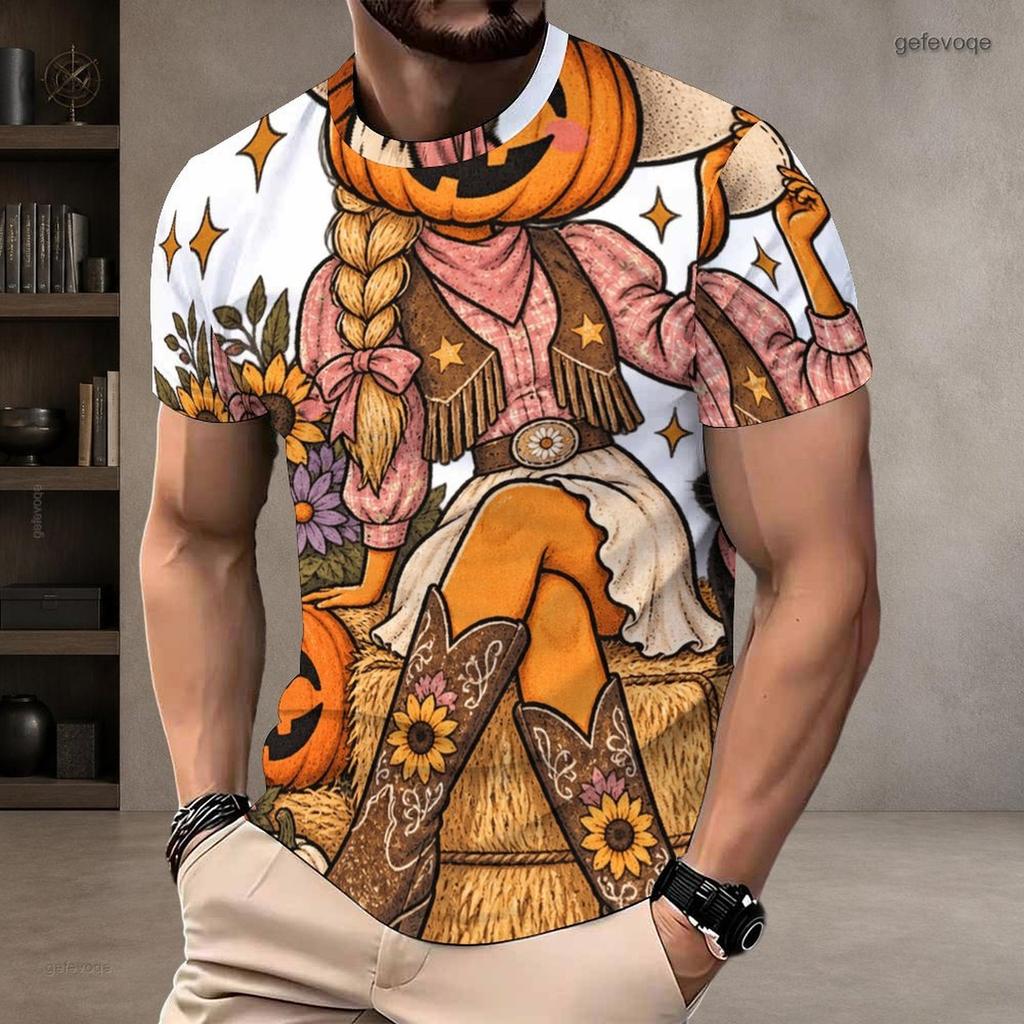 Men Plus Size Round Neck Short Sleeve T Shirt Halloween Panda Ghost Printed Casual Tee