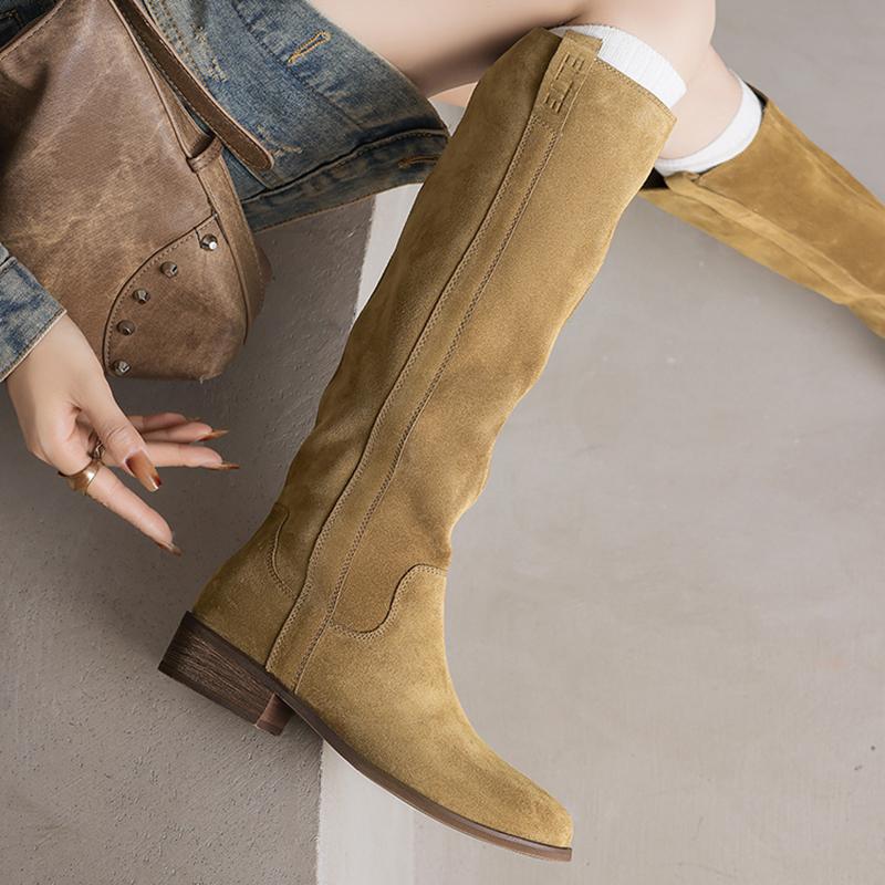 Fashion 2025 Autumn Women Boots Cow Suede Leather Women Shoes round Toe Slip-on Knee High Boots Western Modern Ladies Boots