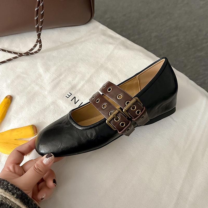 Sheepskin version~ Flat Mary Jane shoes women's old polishing color inner height increase square head light mouth single shoes double belt buckle lad