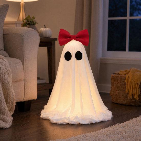 yangyizhi LED Ghost Decoration, Halloween Pink Bow Tabletop Ornament, Soft Fabric Haunted House Decor with Warm Glow for Home